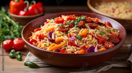 Close-up of Roasted pepper and chorizo orzo salad includes red peppers, red onion, chorizo, cherry tomatoes, and orzo pasta. Perfect for restaurant banner, poster and cooking channel