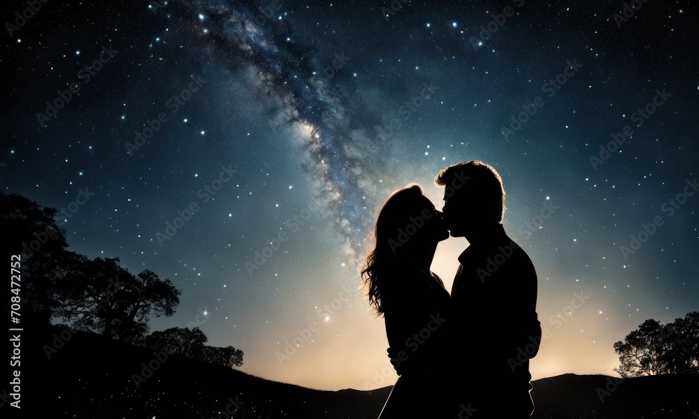 Night landscape with silhouettes of hugging and kissing man and woman on the mountain. Colorful sky with stars. Silhouette of lovers. Couple, relationship. Milky way with people. Universe. AI