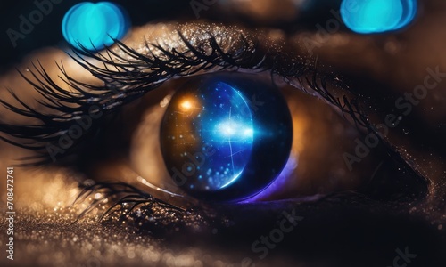 Human eye close up with neon lights in cyberpunk style. AI