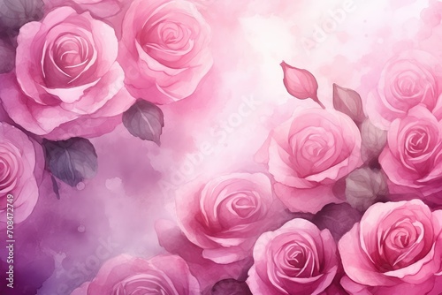 Floral watercolor frame with spring rose flowers and leaves on pink background. St Valentines, Women's, Mothers day. Romantic backdrop for wedding greeting card, banner, template with copy space