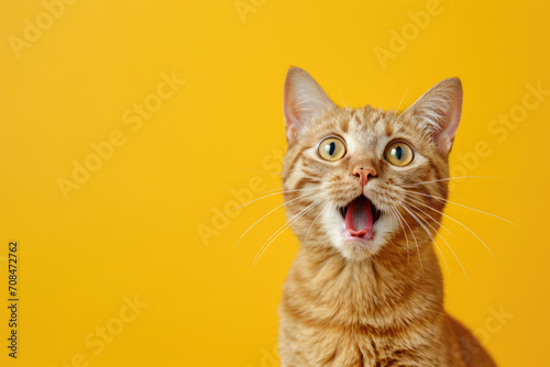 Adorable Shocked Ginger Cat on Vibrant Yellow Background Copy Space © Lucy Welch