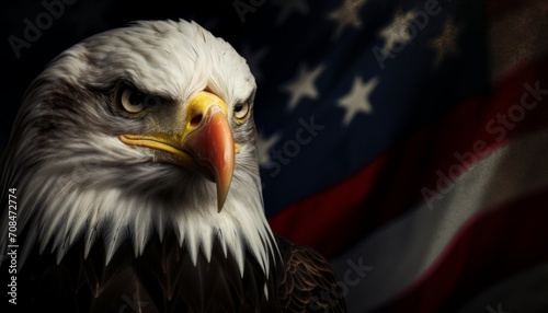 Majestic american bald eagle perched on grunge flag, representing freedom and patriotism
