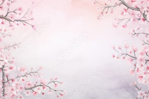 Floral watercolor frame with spring cherry flowers and leaves on pink background. St Valentines, Women's, Mothers day. Romantic backdrop for wedding greeting card, banner, template with copy space