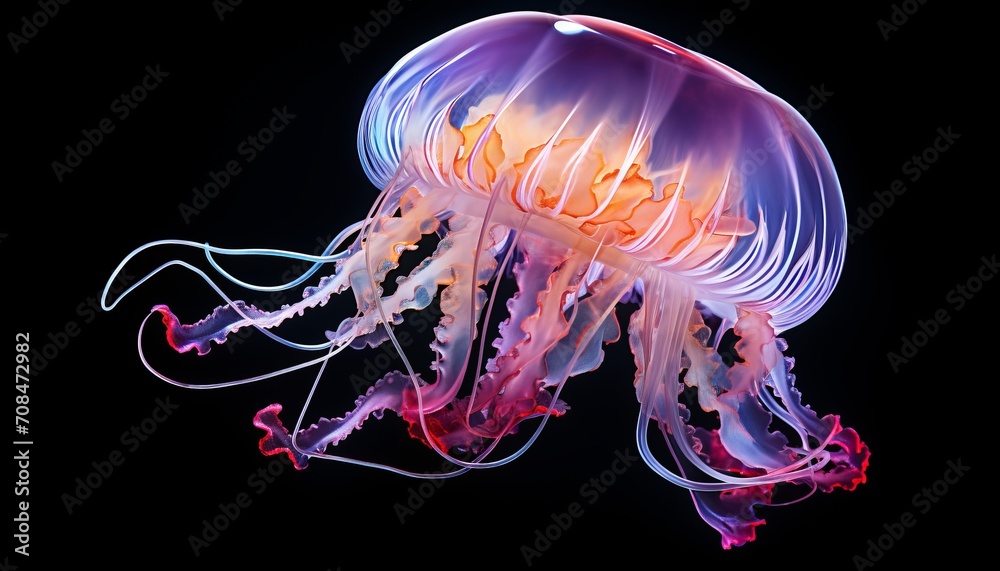 Vibrant orange bell jellyfish gracefully gliding through the crystal clear waters of the ocean Vibrant orange bell jellyfish gracefully gliding through the crystal clear waters of the ocean