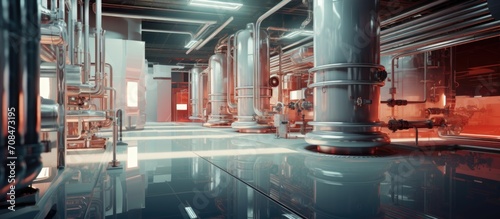 A view of a modern facility that purifies contaminated liquid by removing chemicals, solids, and gases.