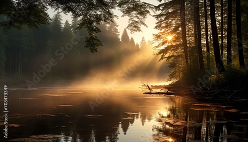 Enchanting sunbeams filtering through a mesmerizing misty forest with ethereal sun light rays