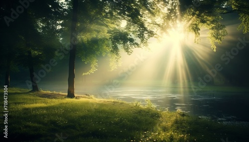 Enchanting sunbeams casting ethereal glow in the midst of a misty forest with radiant sunlight rays