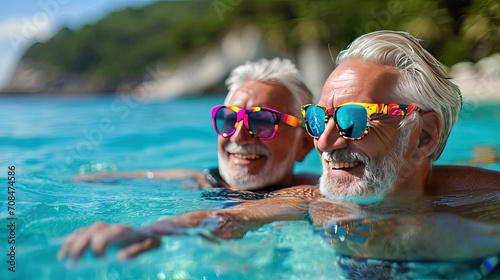 two happy seniors having fun and enjoying together in the swimming pool.Generative AI photo