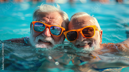 two happy seniors having fun and enjoying together in the swimming pool.Generative AI