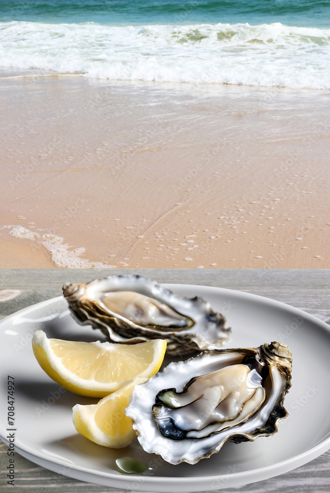 Half Shell Raw Oysters with Slices of Lemon Served on Beachfront Table