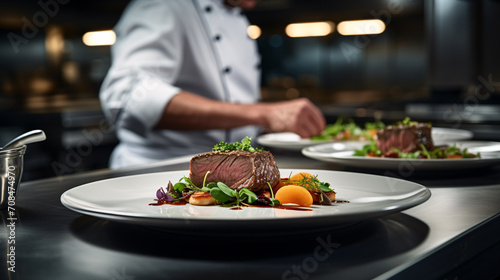 Chef preparing a dish of lamb meat with vegetables on a white plate photo