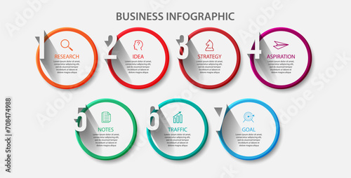 business infographic 7 parts or steps, there are icons, text, numbers. Can be used for presentation banners, workflow layouts, process diagrams, flow charts, infographics, your business presentations