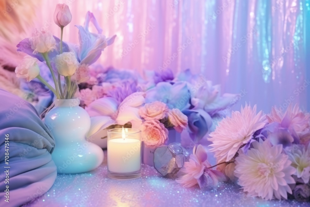 Soft pastel florals paired with the warm glow of candlelight, presenting a serene and inviting aesthetic in a tranquil setting. Soft pastel florals paired with the warm glow of candlelight, presenting a serene and inviting aesthetic in a tranquil setting.