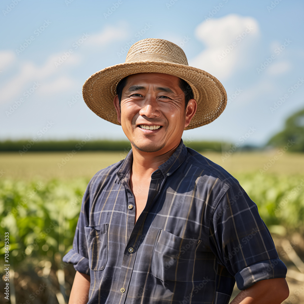Portrait of a asian male farmer looking at camera smiling in a field.