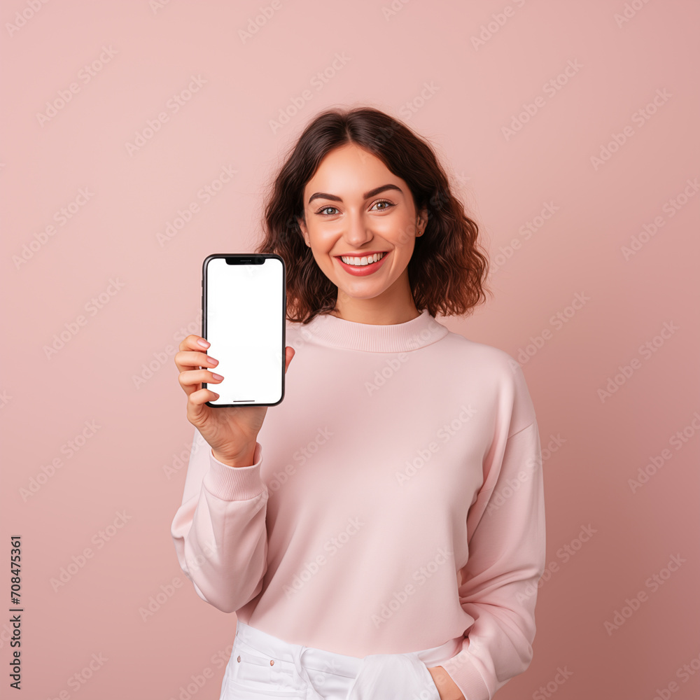 Young attractive woman hand showing mock up blank screen mobile phone with happy relax carefree face expression portrait look at camera