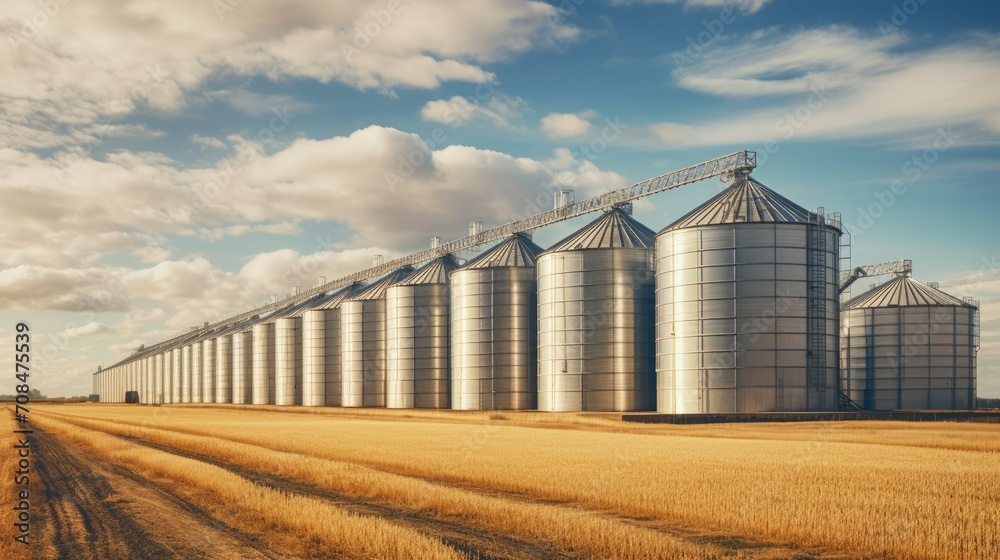 Large industrial elevators, warehouses, standing in a yellow field against a clear blue sky. Agriculture industry, harvest concepts. Large industrial elevators, warehouses, standing in a yellow field against a clear blue sky. Agriculture industry, harvest concepts.