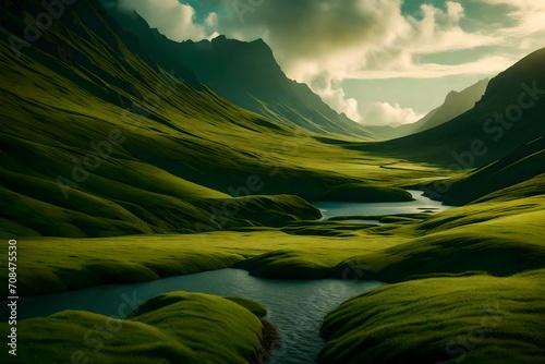 A surreal landscape where the grassy terrain transforms into gentle waves  creating a mesmerizing pattern across the entire scene.