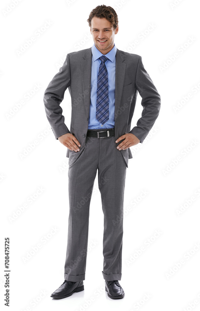 Business, portrait and happy man in studio with fashion, suit and positive mindset against white background. Style, smile and male entrepreneur with fashionable formal outfit, clothes or confidence