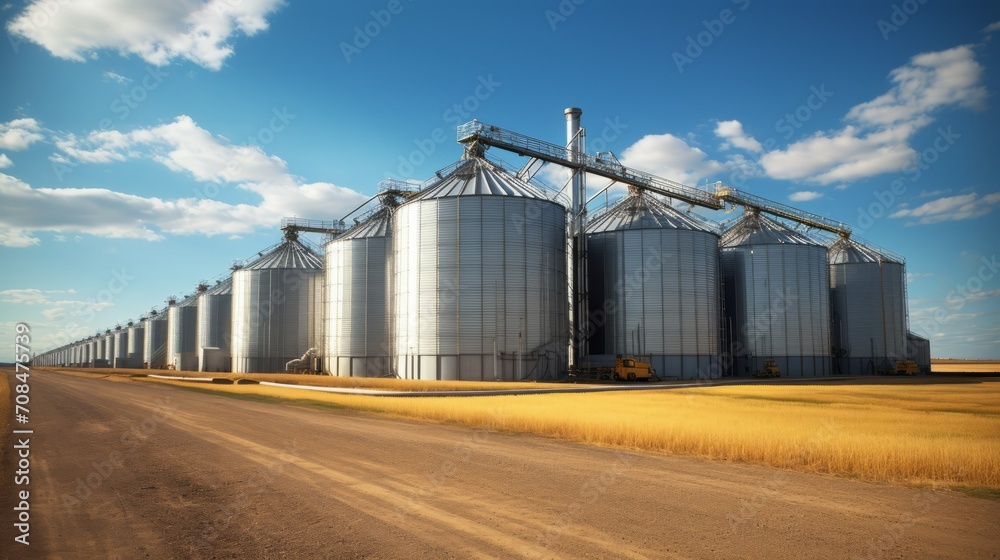 Large industrial elevators, warehouses, standing in a yellow field against a clear blue sky. Agriculture industry, harvest concepts.