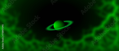 Vector wide space abstract futuristic wide banner. Muddy green glow. Planet in Saturn style with rings. Haze or fog. Background or wallpaper. Cosmic nebula.