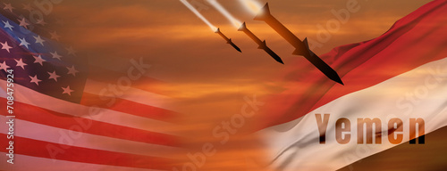 Fired missiles fly to the target in Yemen. Missiles at the sky at sunset. Rockets attack concept. 3d illustration