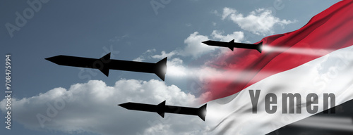 Fired missiles fly to the target in Yemen. Missiles at the sky at sunset. Rockets attack concept. 3d illustration photo