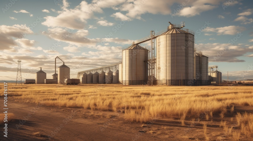 A large granary in a yellow field against a blue sky with white clouds. Agriculture industry, Farming, harvest, economics concepts. A large granary in a yellow field against a blue sky with white clouds. Agriculture industry, Farming, harvest, economics concepts.