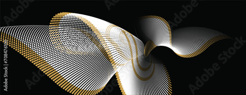 An abstract vector illustration, particle waves cascade with a subtle fringe in a halftone gradient, forming curve background, ideal for conveying themes of technology, sound, and music