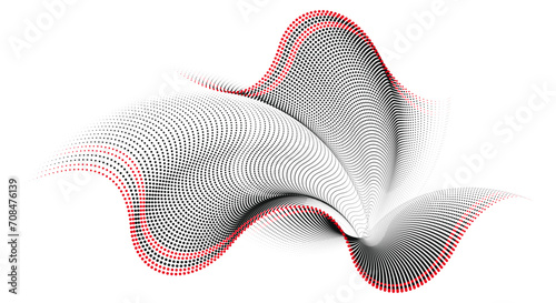 An abstract vector illustration, particle waves cascade with a subtle fringe in a halftone gradient, forming curve background, ideal for conveying themes of technology, sound, and music