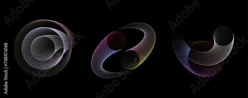 A vector illustration features a geometric spiral composed of colorful dots against a black background. This stylish design element is well-suited for framing, circular icons, signage, and symbols