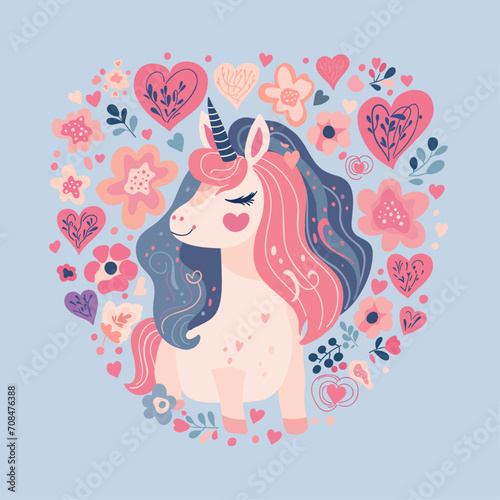 Cute unicorn with pink hearts and flowers on a blue background. hand-drawn design for postcards, posters, prints for T-shirts, mugs, pillows. Vecor graphics 