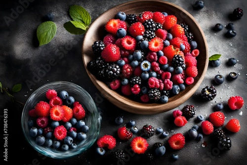 A bowl of vibrant, freshly washed berries, glistening with droplets of water on a clean kitchen counter.