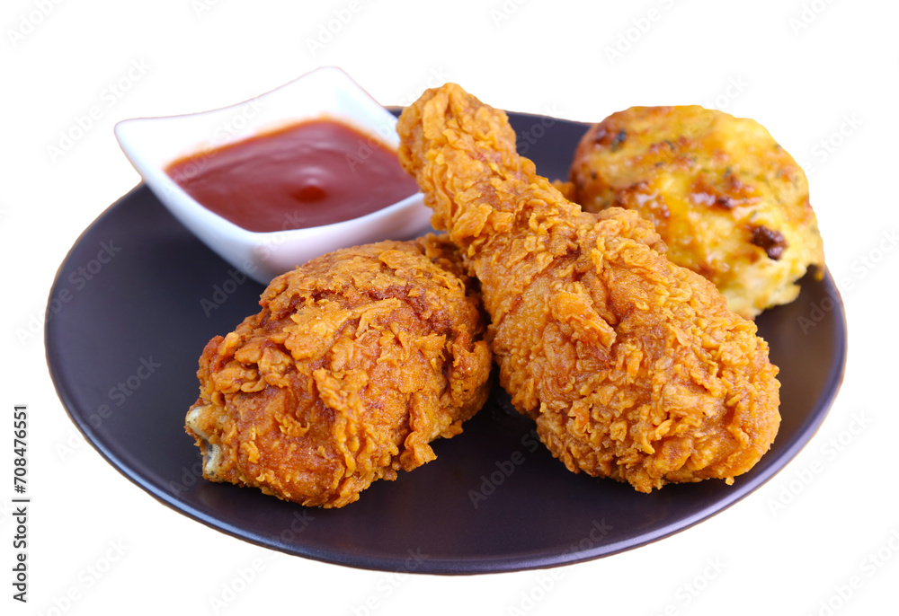 Golden Brown Crispy Fried Chicken Drumsticks with Biscuit and Dip on Transparent Background, PNG File Golden Brown Crispy Fried Chicken Drumsticks with Biscuit and Dip on Transparent Background, PNG File
