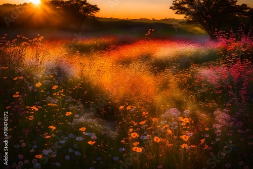 A symphony of colors as the sun sets behind a field of wildflowers, casting a warm glow on the swaying grass.
