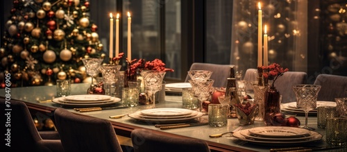 Elegant December holiday table with empty wine glasses  dining plates  candles  and a Christmas tree in a luxurious interior.