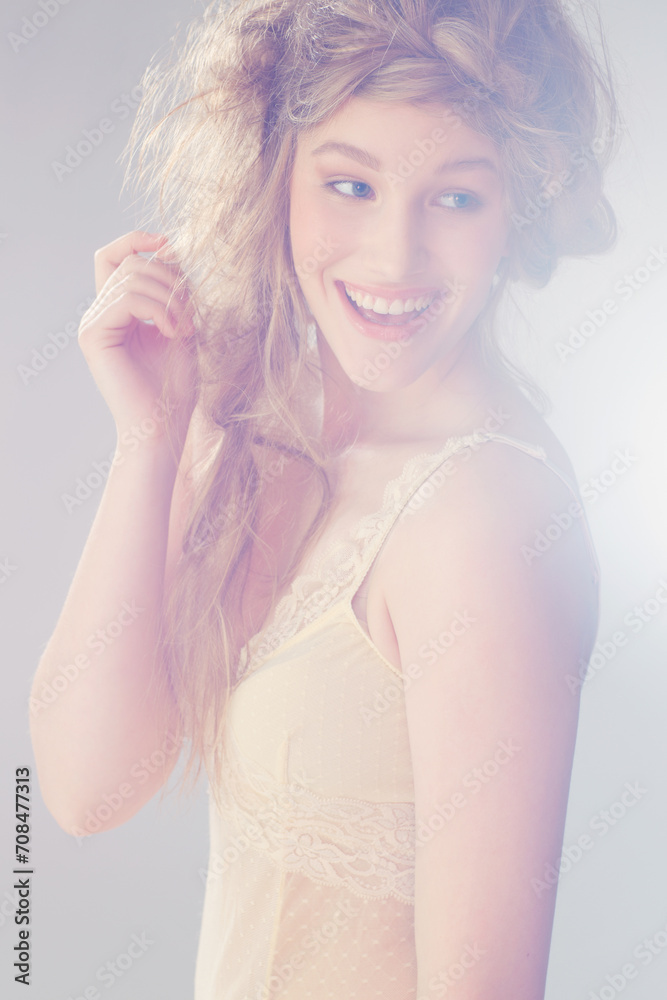 Fantasy, happy and woman with hair, magic and Greek mythology of Aphrodite with makeup. Glow, beauty and mist with fairytale, goddess and vintage hairstyle of a female model with cosmetics and shine Fantasy, happy and woman with hair, magic and Greek mythology of Aphrodite with makeup. Glow, beauty and mist with fairytale, goddess and vintage hairstyle of a female model with cosmetics and shine