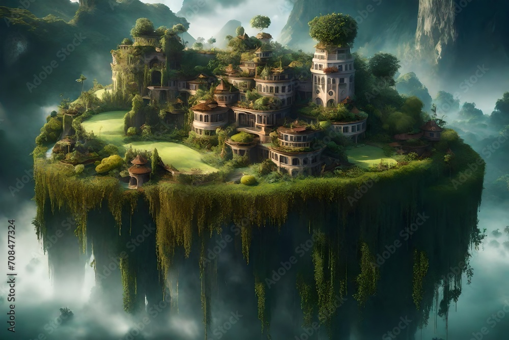 A surreal floating island surrounded by mist, featuring gravity-defying architecture and lush hanging gardens.