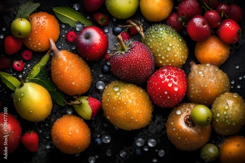 A close-up view of exotic  outlandish fruits glistening with dew drops in the early morning light.