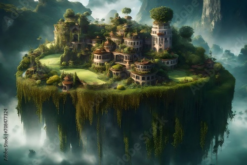 A surreal floating island surrounded by mist  featuring gravity-defying architecture and lush hanging gardens.