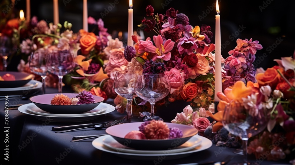 Gorgeous table settings with green fresh flowers Ai generated art