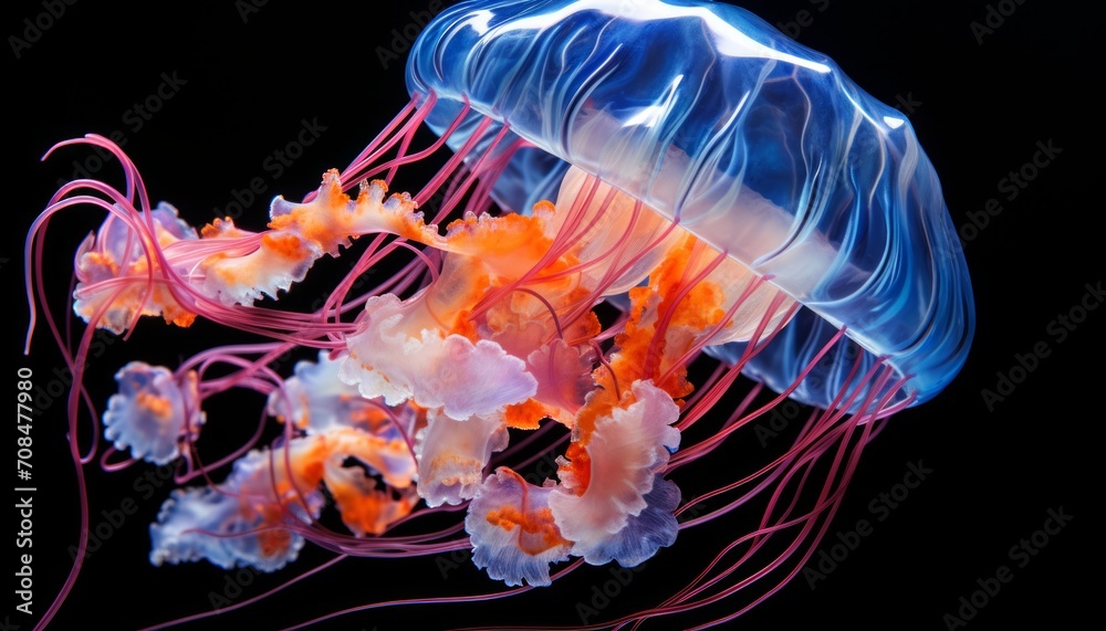 Obraz premium Stunning orange bell jellyfish serenely gliding through the crystal clear waters of the ocean