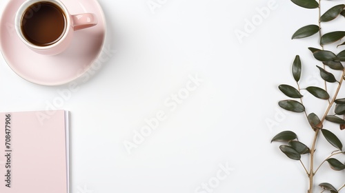 modern desktop scene stylish pink laptop, coffee cup, milk holder, and plants on white background