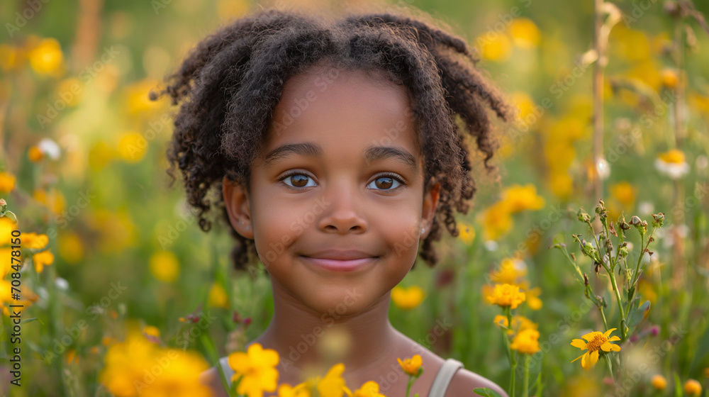 Smiling black small girl is in the park around flowers and grass. Selective focus. Happy childhood. Child care Smiling black small girl is in the park around flowers and grass. Selective focus. Happy childhood. Child care
