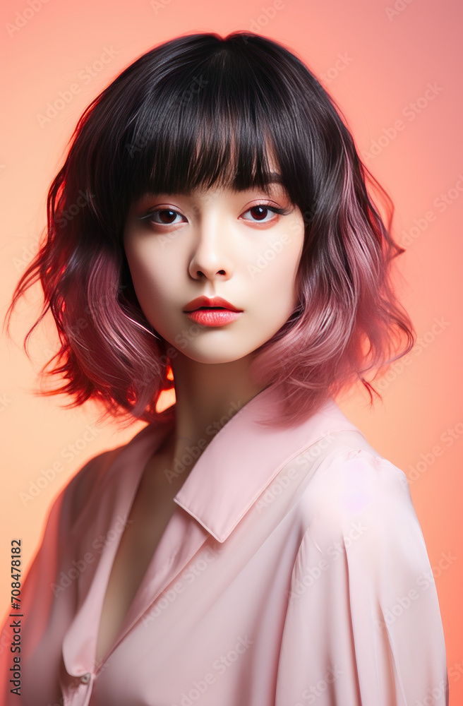 Ombre short hairstyle with 2 colours, black and pink. Beautiful hair coloring woman. Trendy haircuts. Blonde model with short shiny hairstyle. Concept Coloring Hair. Beauty Salon.