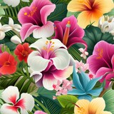 Tropical flowers seamless pattern with hibiscus, orchids, and frangipani in bold contrasting colors