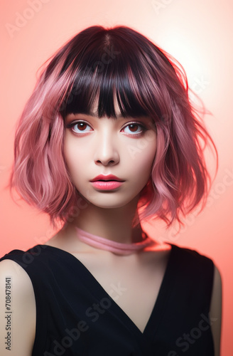 Ombre short hairstyle with 2 colours, black and pink. Beautiful hair coloring woman. Trendy haircuts. Blonde model with short shiny hairstyle. Concept Coloring Hair. Beauty Salon.