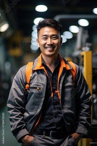 Portrait of a smiling Asian male factory worker in a gray uniform © duyina1990