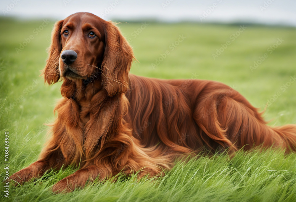 Irish red setter breed dog. lies resting in the grass