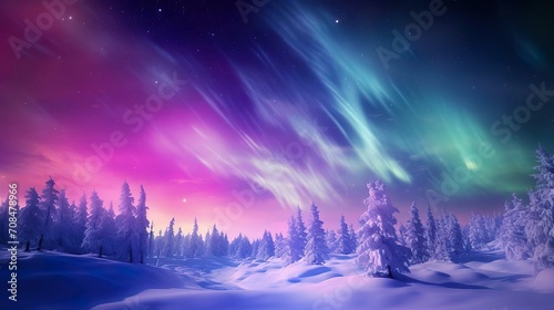 Purple Aurora Lights over Snow covered Landscape. © Jodie