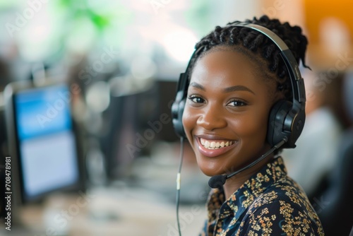 Smiling Black female student with headset